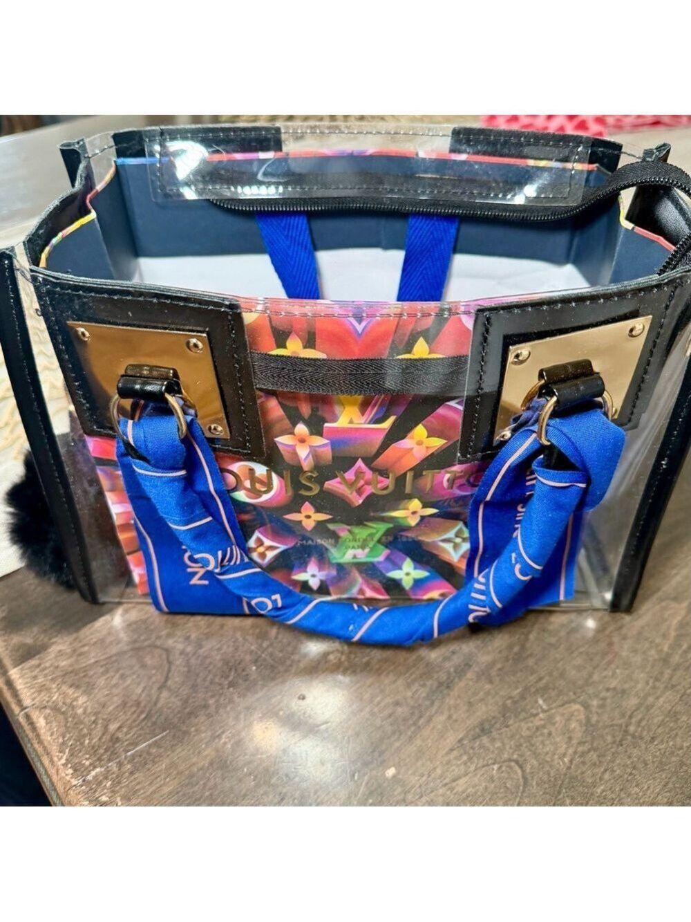 Designer-Inspired Clear Tote Bag with Blue Scarf Handles